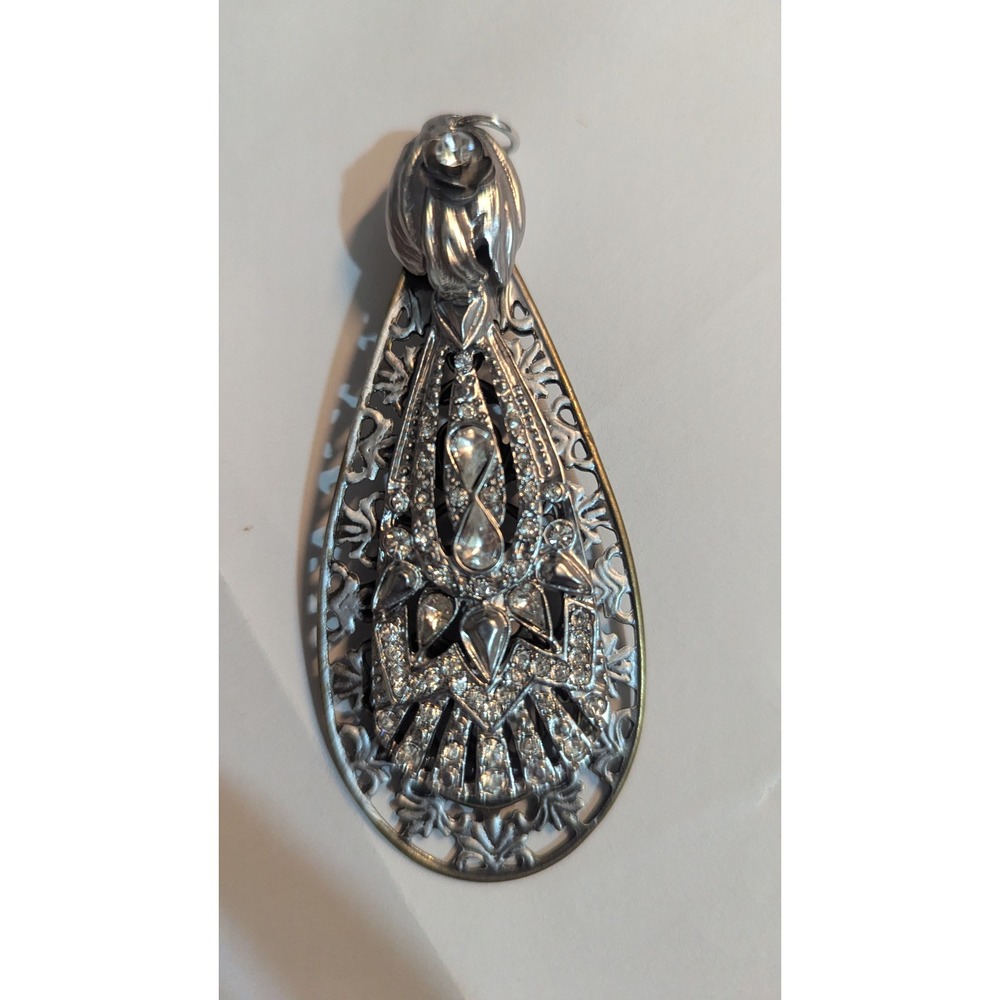 Btg Art Deco‎ Filigree Teardrop Pendant Silver Tone Rhinestone Statement 3.25"